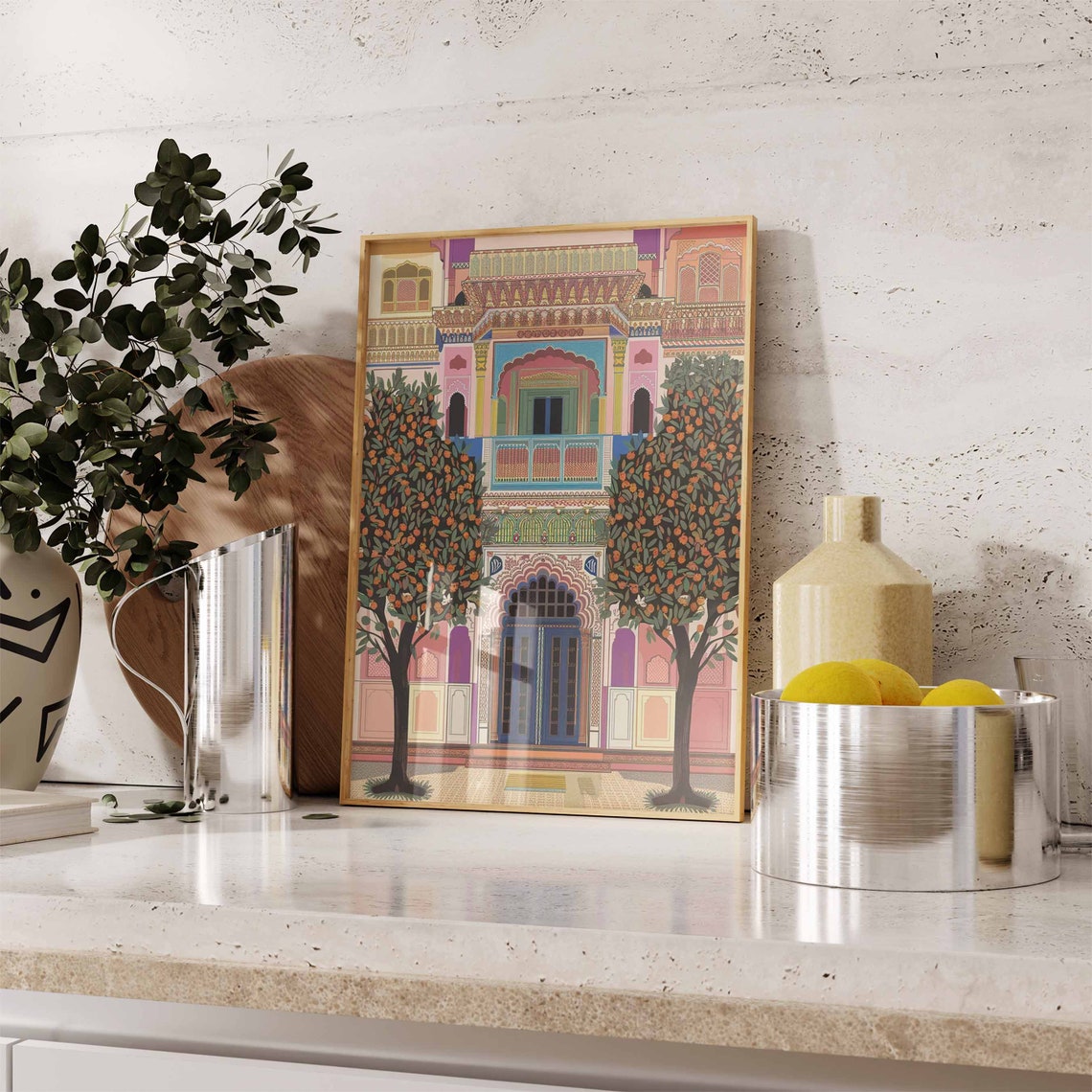 Colorful Indian Haveli Palace Facade With Orange Trees Poster - Image 3