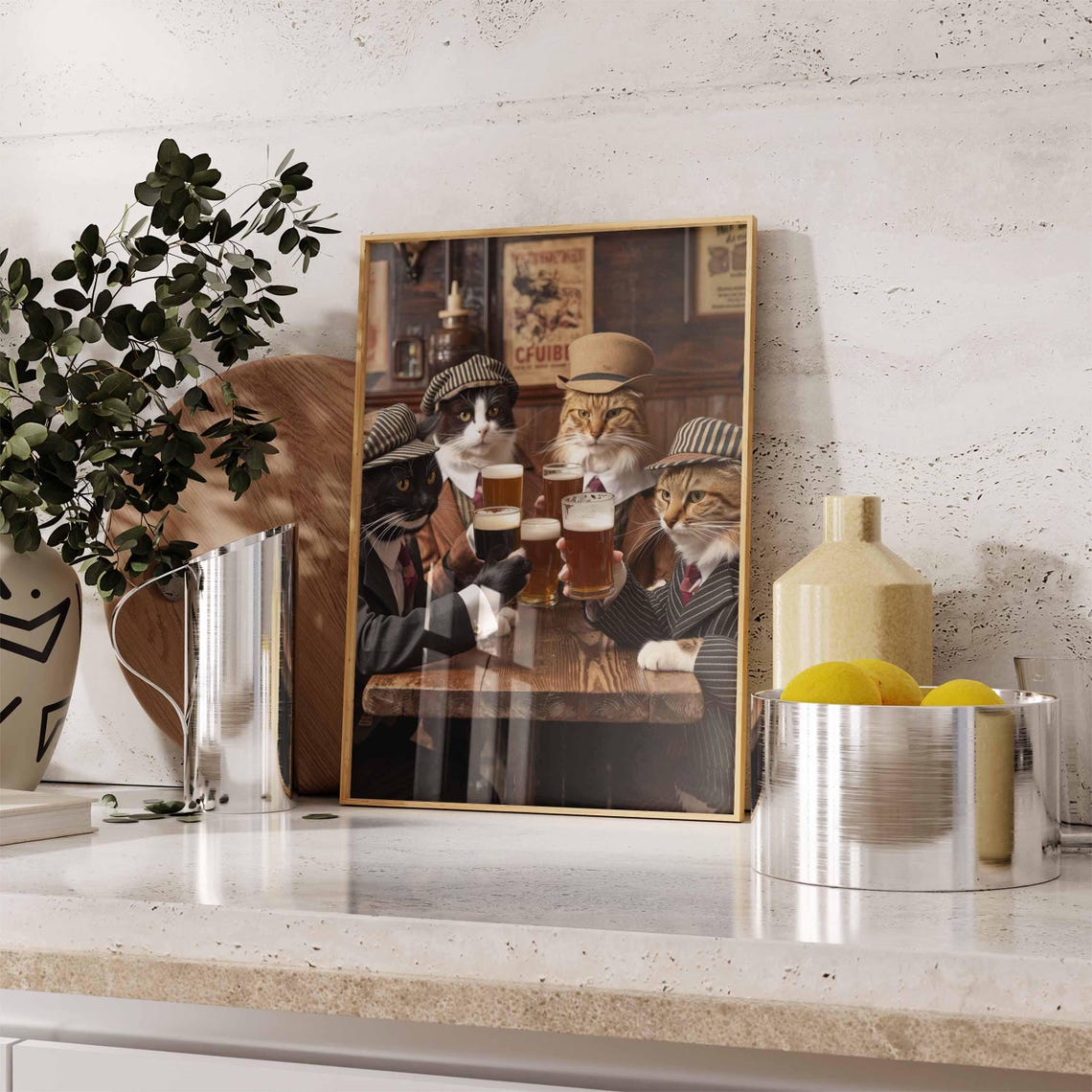 Four Cats In Vintage Suits Toasting Beer At Pub Table Poster - Image 2