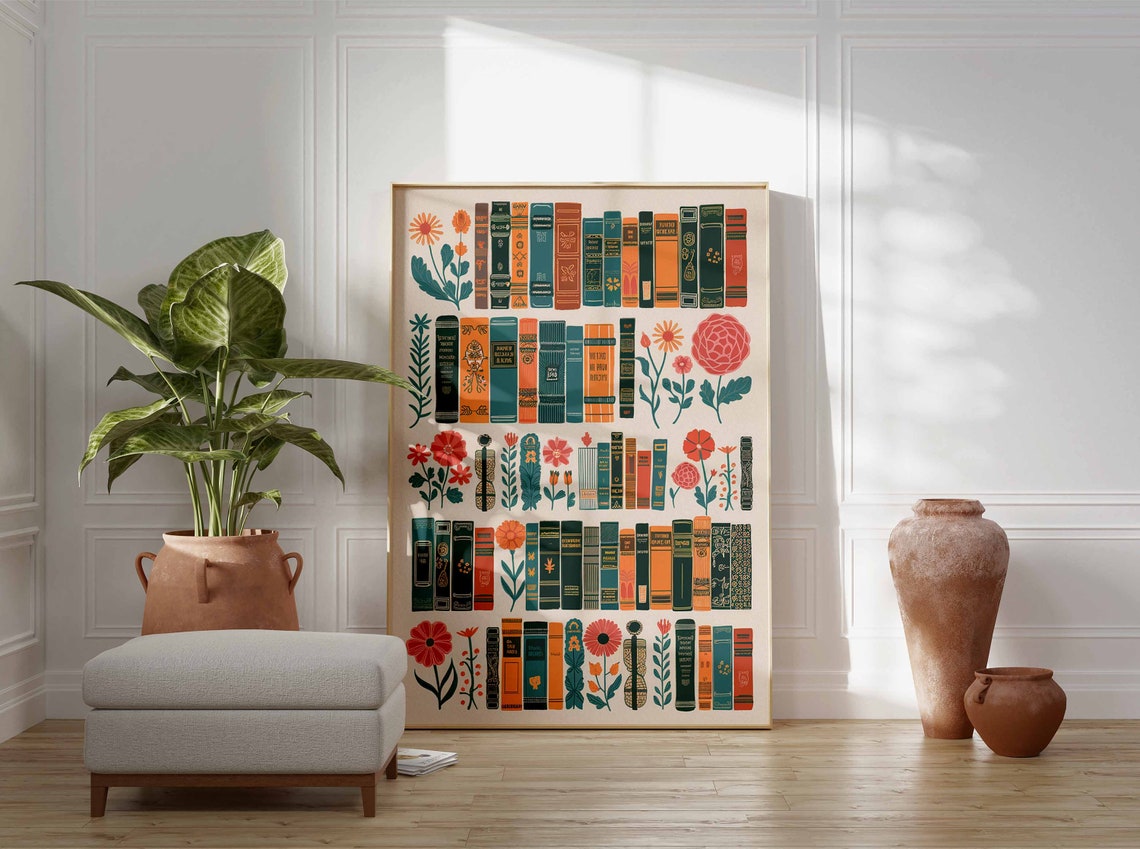 Vintage Library Book Rows with Wildflowers Botanical Book Poster - Image 3