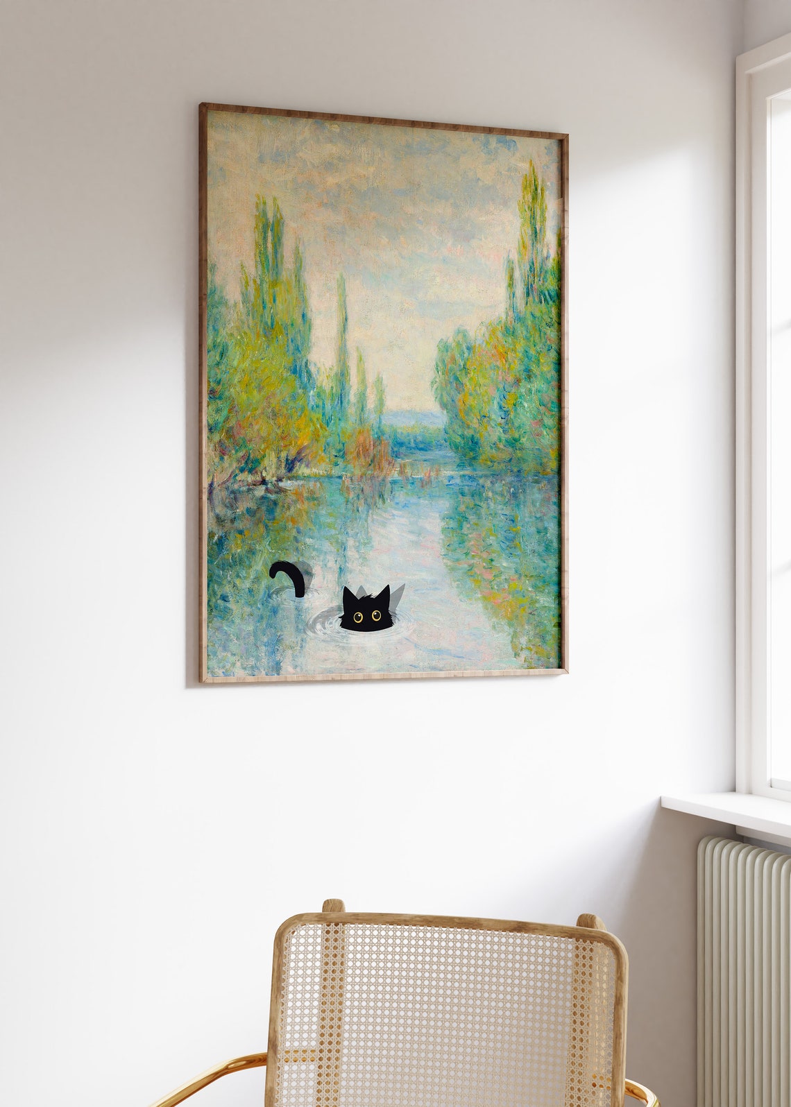 Black Cat Swimming in Monet Style River Funny Art Wall Poster - Image 3