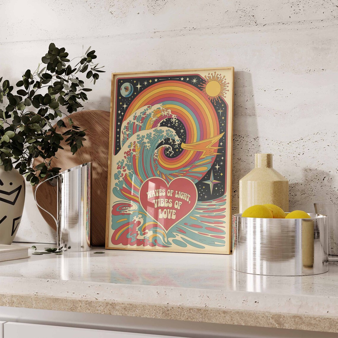 Waves Of Light Vibes Of Love Heart Retro 70s Quote Art Poster - Image 3