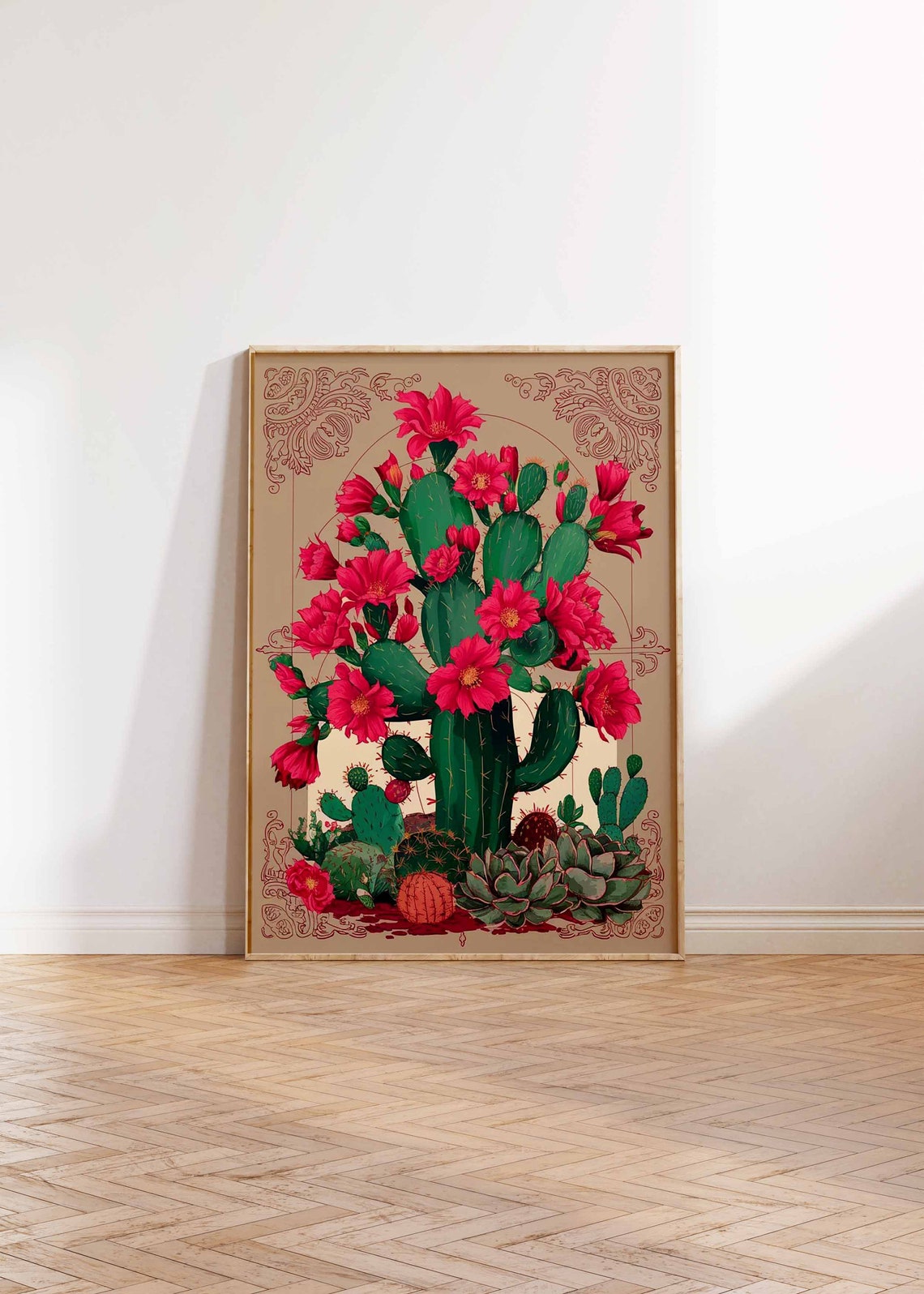 Blooming Prickly Pear Cactus Magenta Blossoms Vintage Poster - Image 3