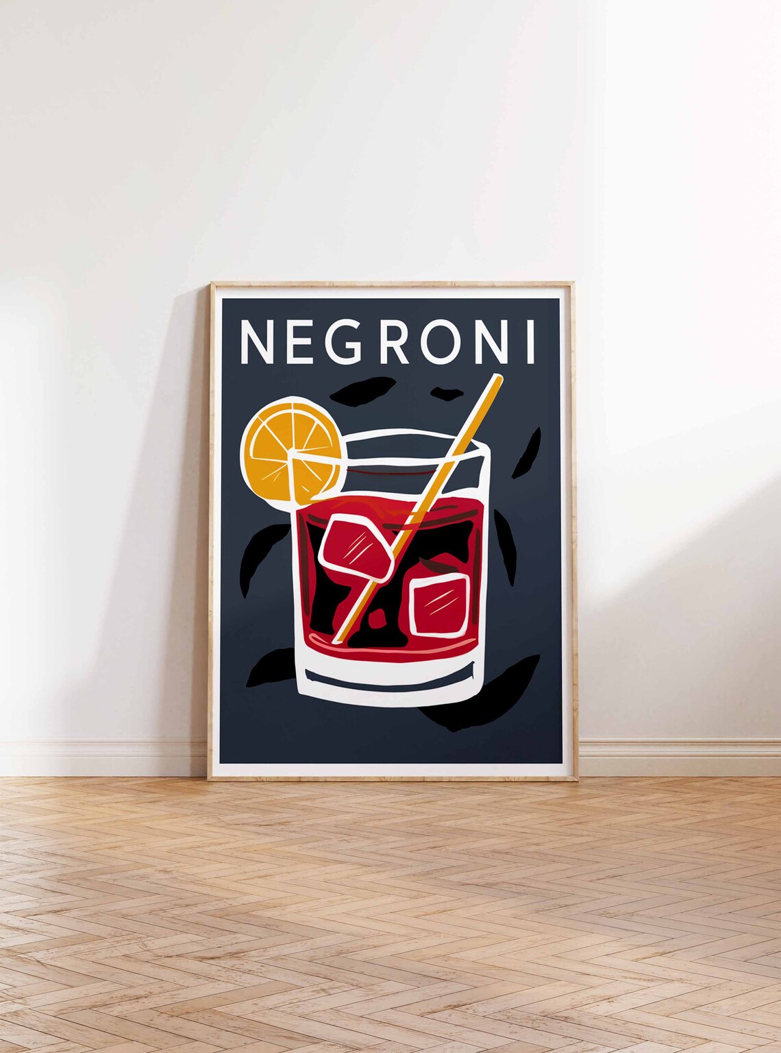 Negroni Cocktail Tall Glass Citrus Navy Modern Bar Decor Wall Art - Image 2