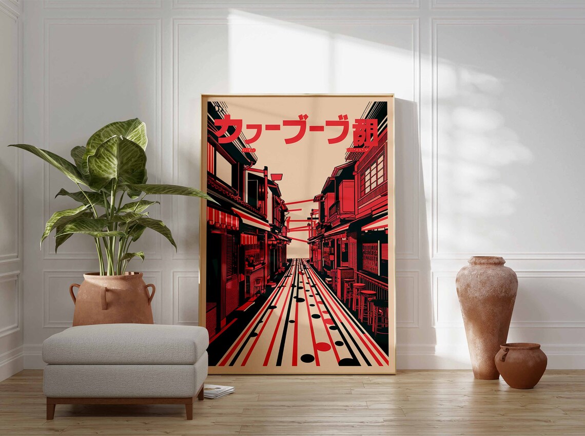 Retro Japanese Street Alley Red Black and Cream Illustration Poster - Image 3