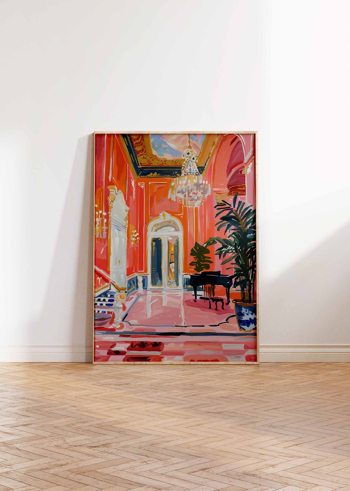Red Salon Grand Piano Chandelier Elegant Interior Art Poster - Image 2