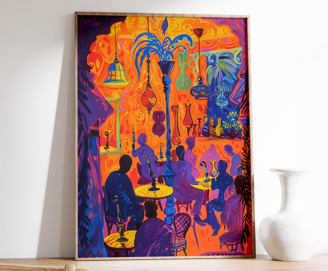 Vibrant Moroccan Cafe Hookah Lanterns Colorful Night Scene Poster