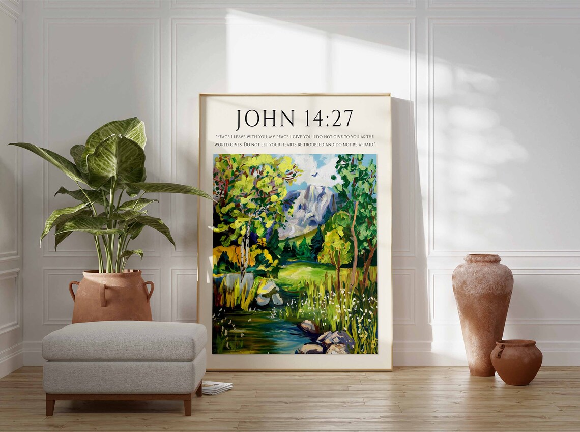 John 14:27 Bible Verse Mountain Stream Valley Monet Style Christian Art Poster - Image 2