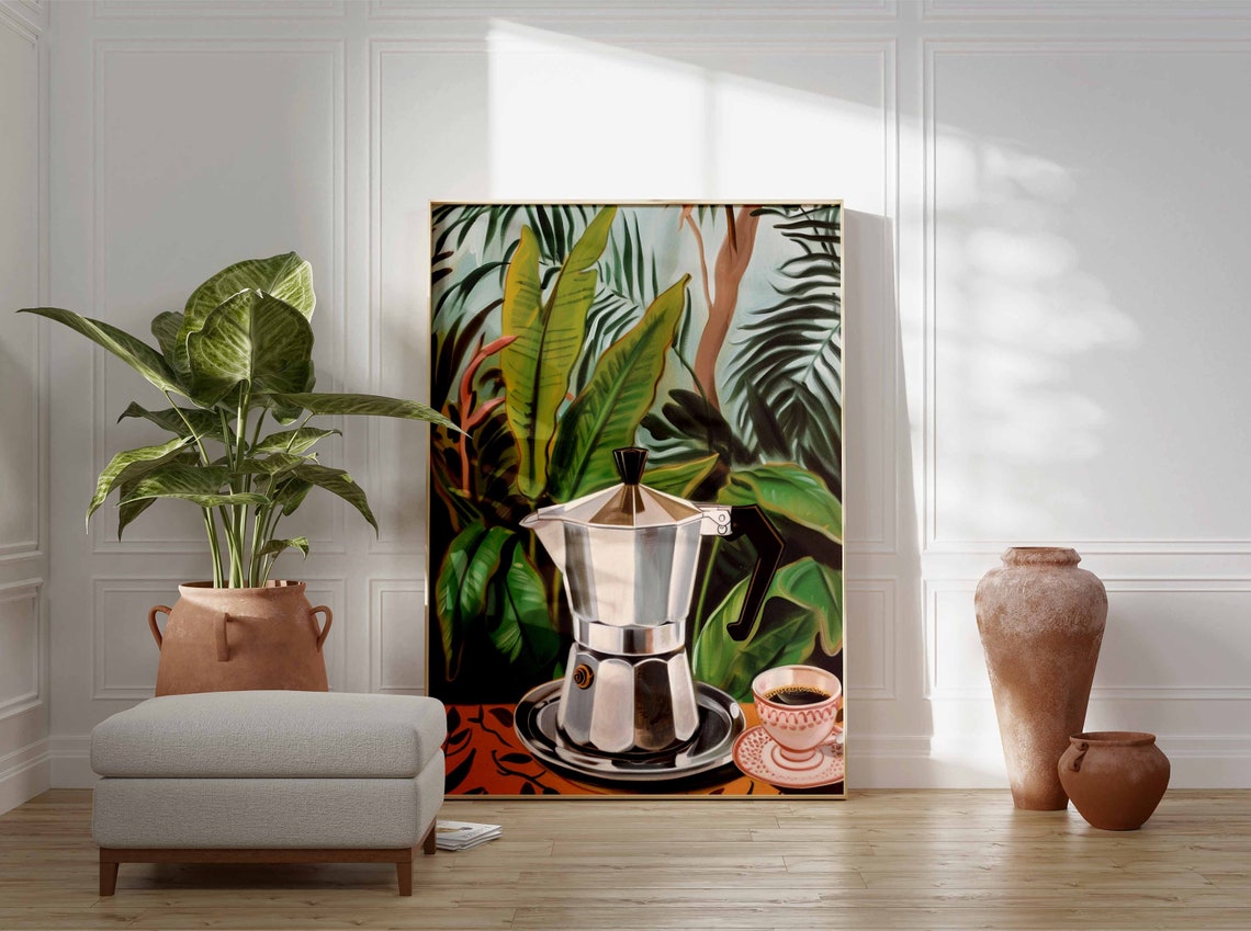 Vintage Italian Moka Pot Coffee Poster Tropical Botanical Kitchen Art - Image 2