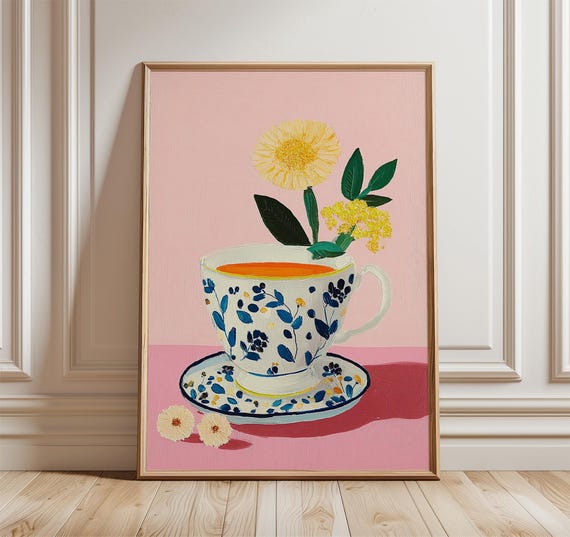 Floral Teacup Art Print Modern Still Life Poster For Kitchen Pink And Blue Wall Elegant Tea Cup Decor With Retro Painterly Style