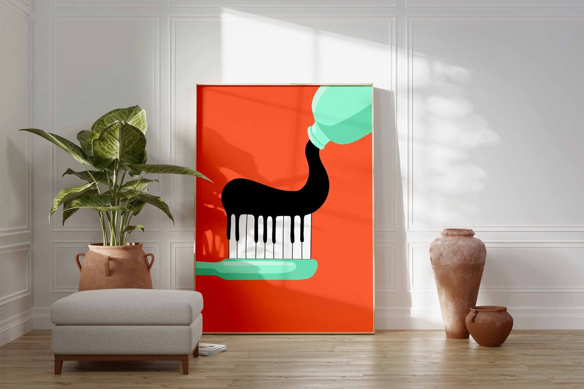 Toothbrush Piano Keys Retro Music Pop Art Illustration Poster - Image 3