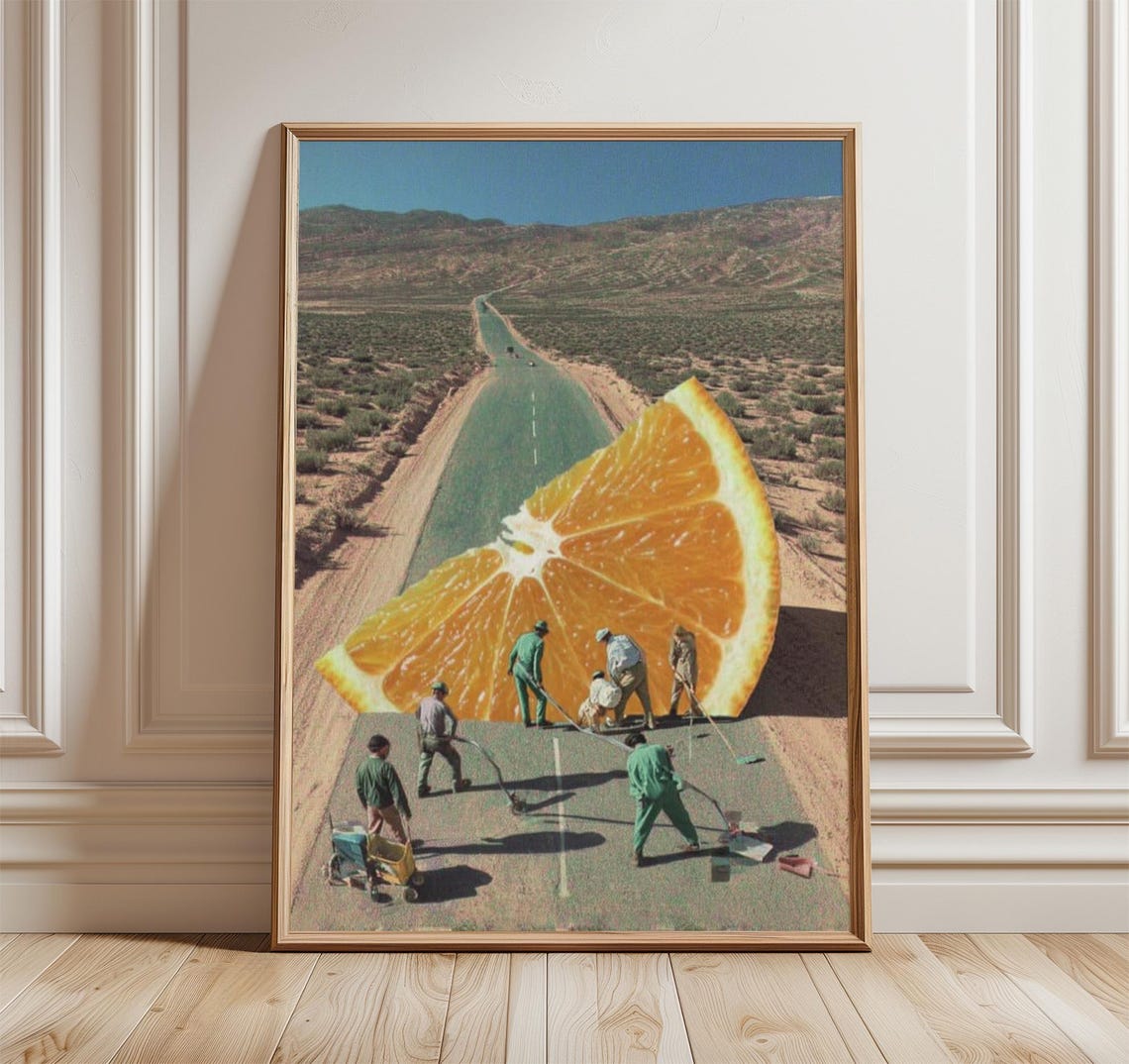 Surreal Orange Slice Collage Art Print Desert Highway Wall Decor