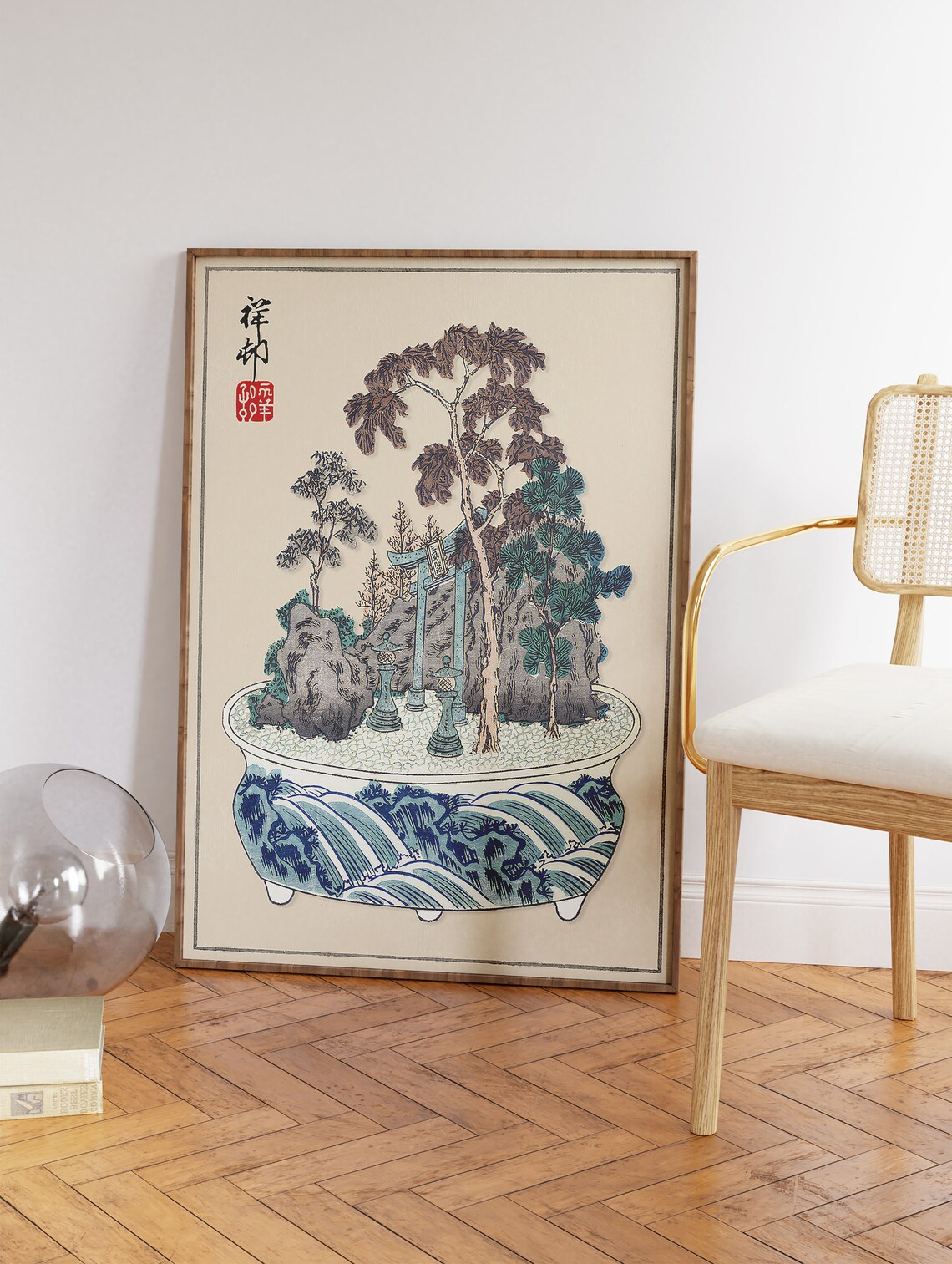 Japanese Bonsai Garden with Torii Gate Vintage Woodblock Poster - Image 3