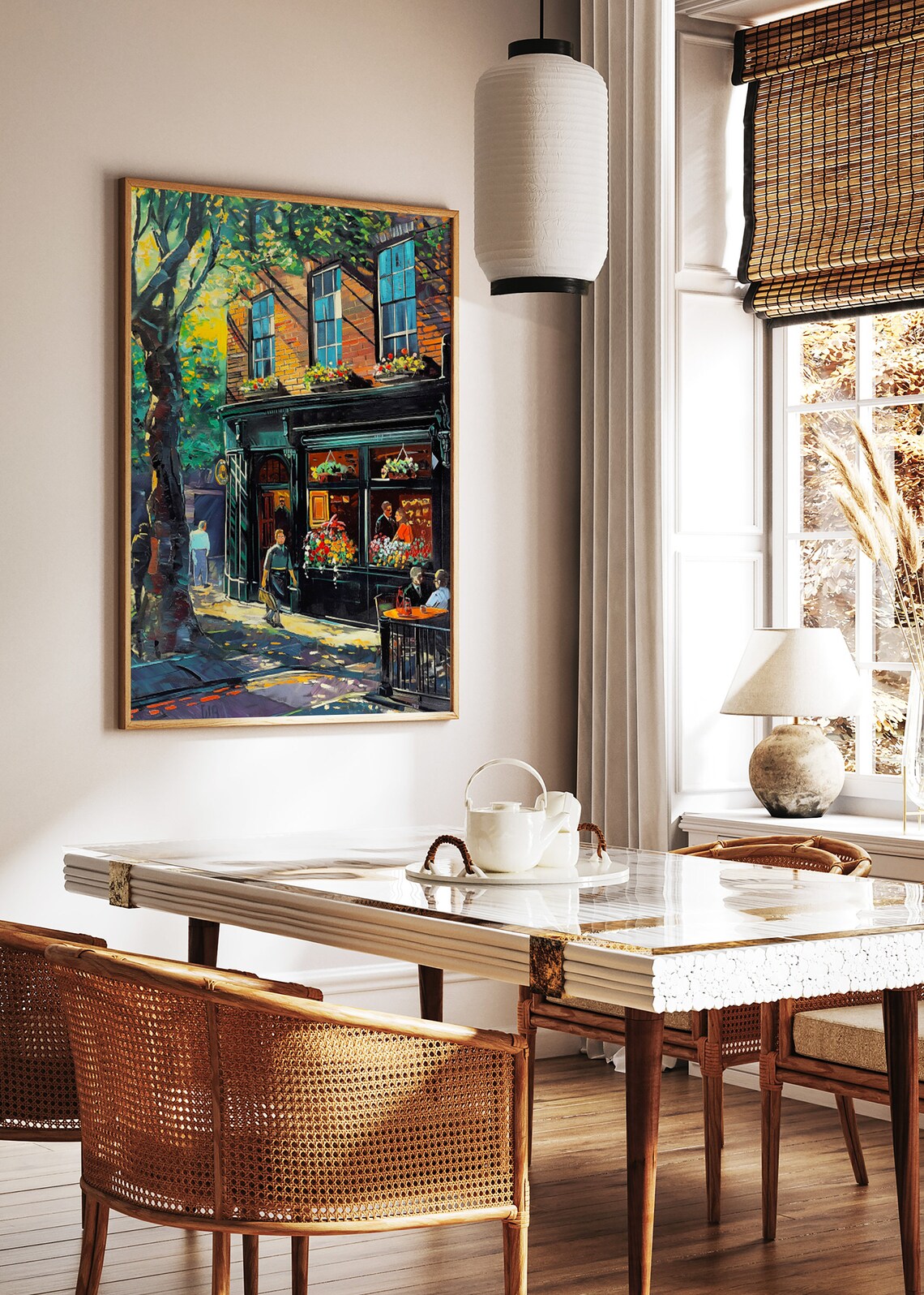 European Cafe Street Corner Sunlit Storefront Painting Poster - Image 2
