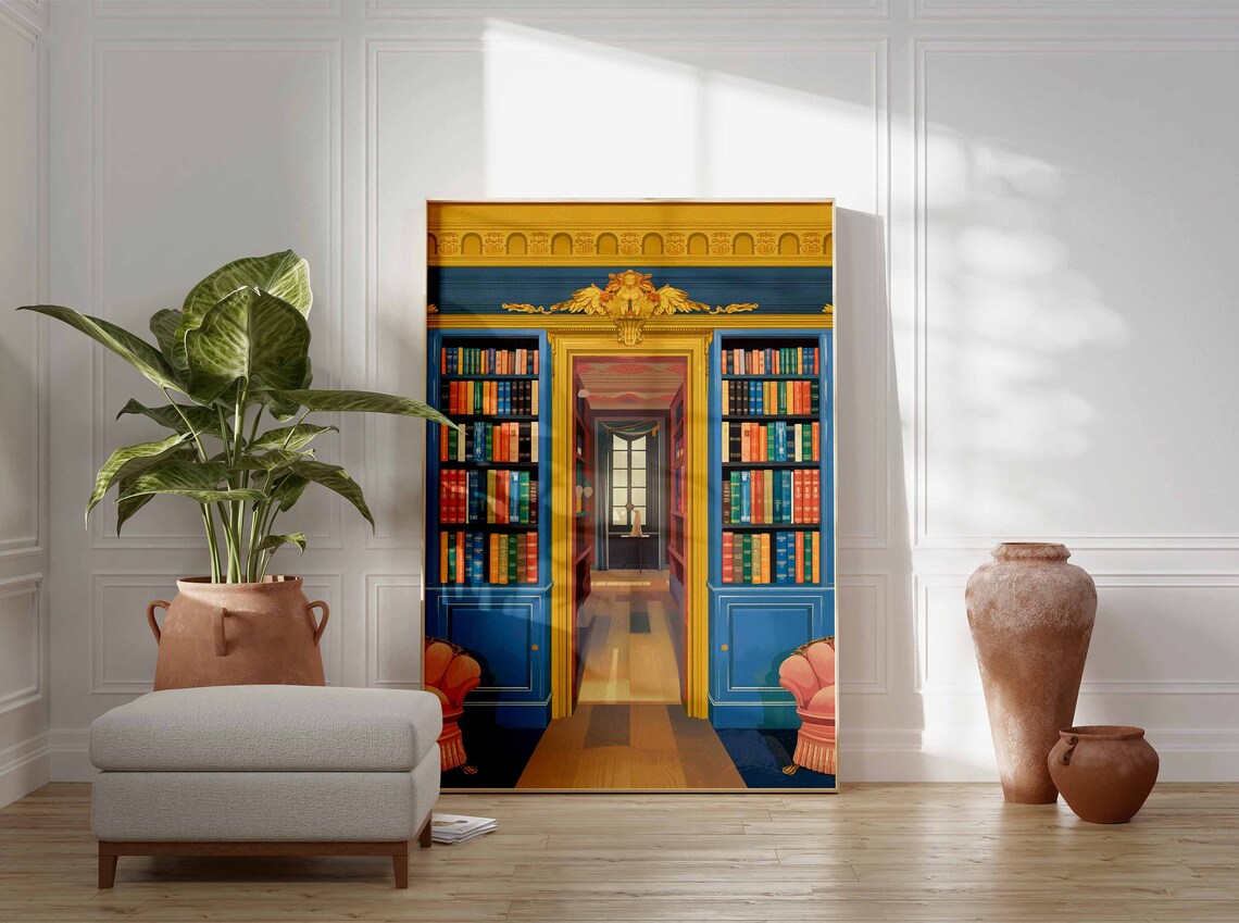 Elegant Blue And Gold Grand Library Doorway Book Lover Wall Poster - Image 3