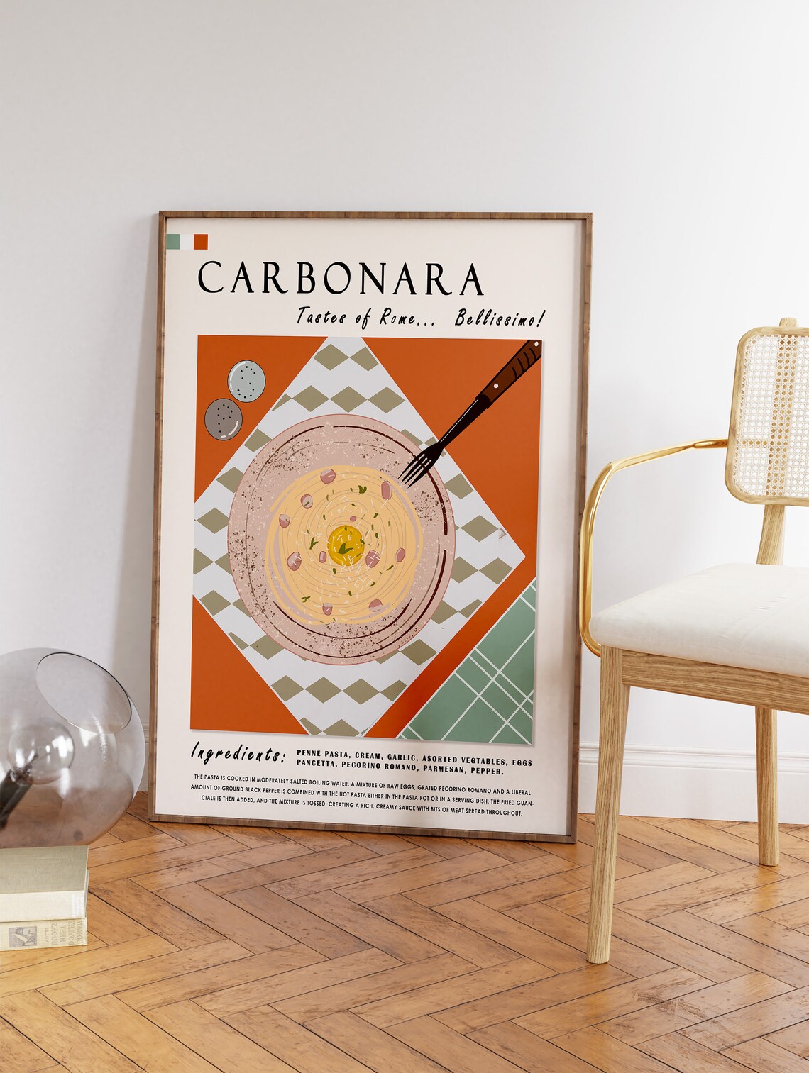 Carbonara Pasta Rome Italian Recipe Kitchen Retro Food Art Poster - Image 3