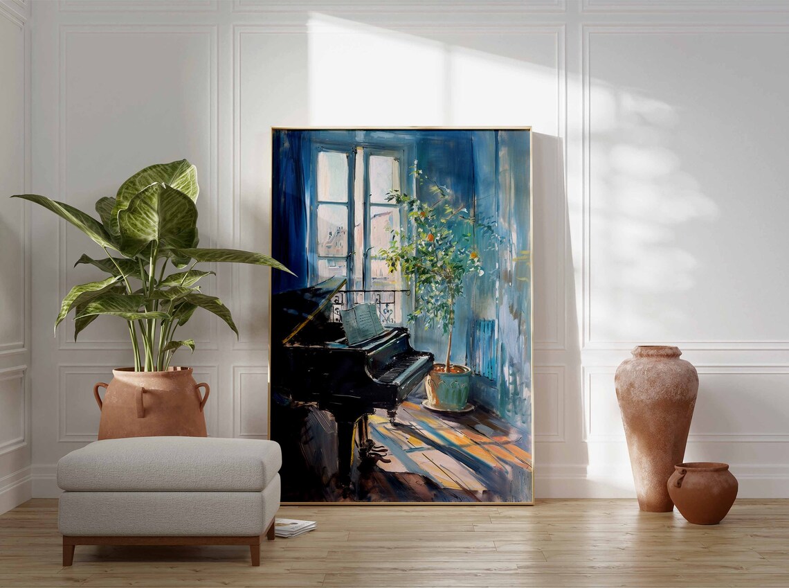 Grand Piano Sunlit Blue Room Oil Painting Music Decor Poster - Image 2