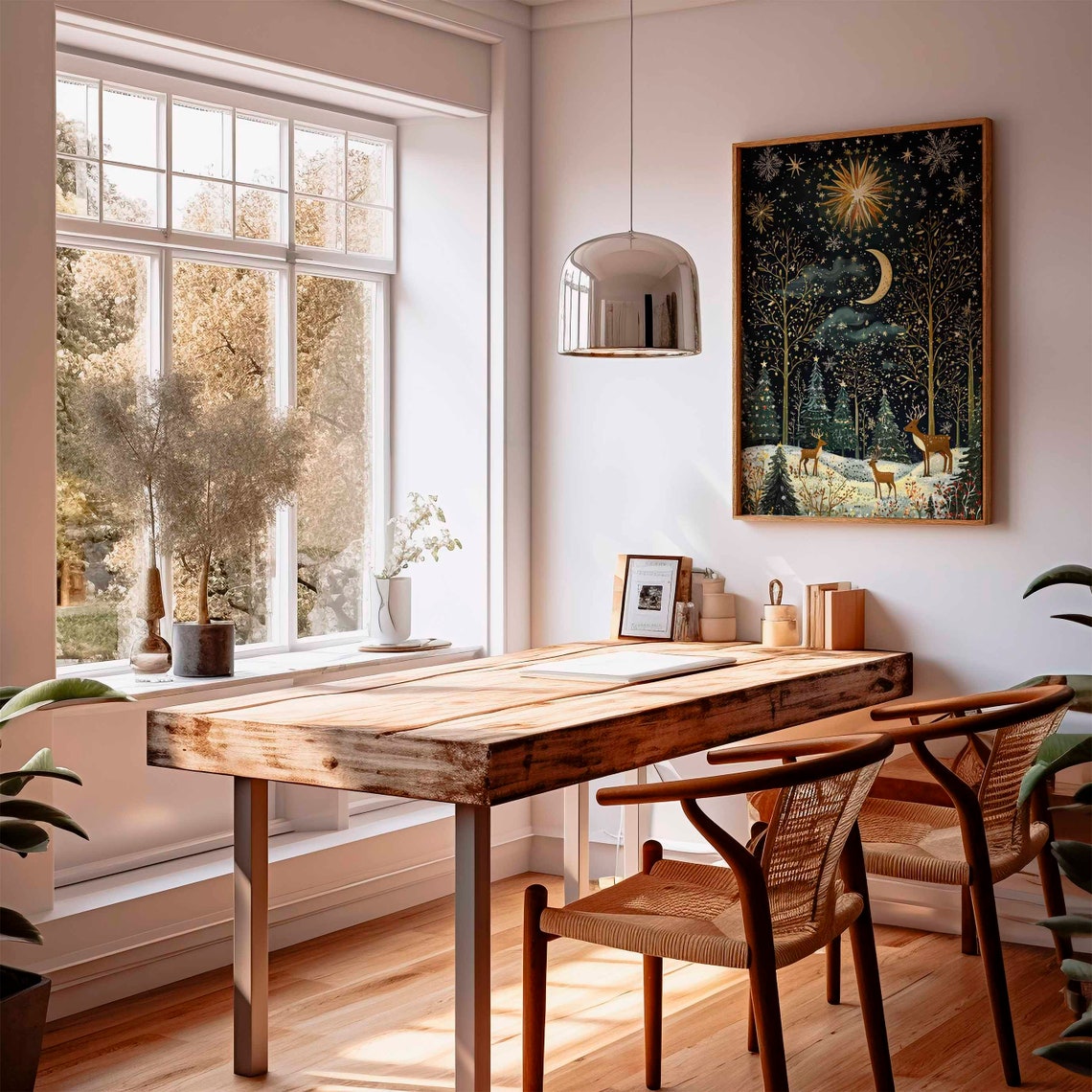 Starry Winter Night Forest With Deer And Golden Moonlight Poster - Image 2