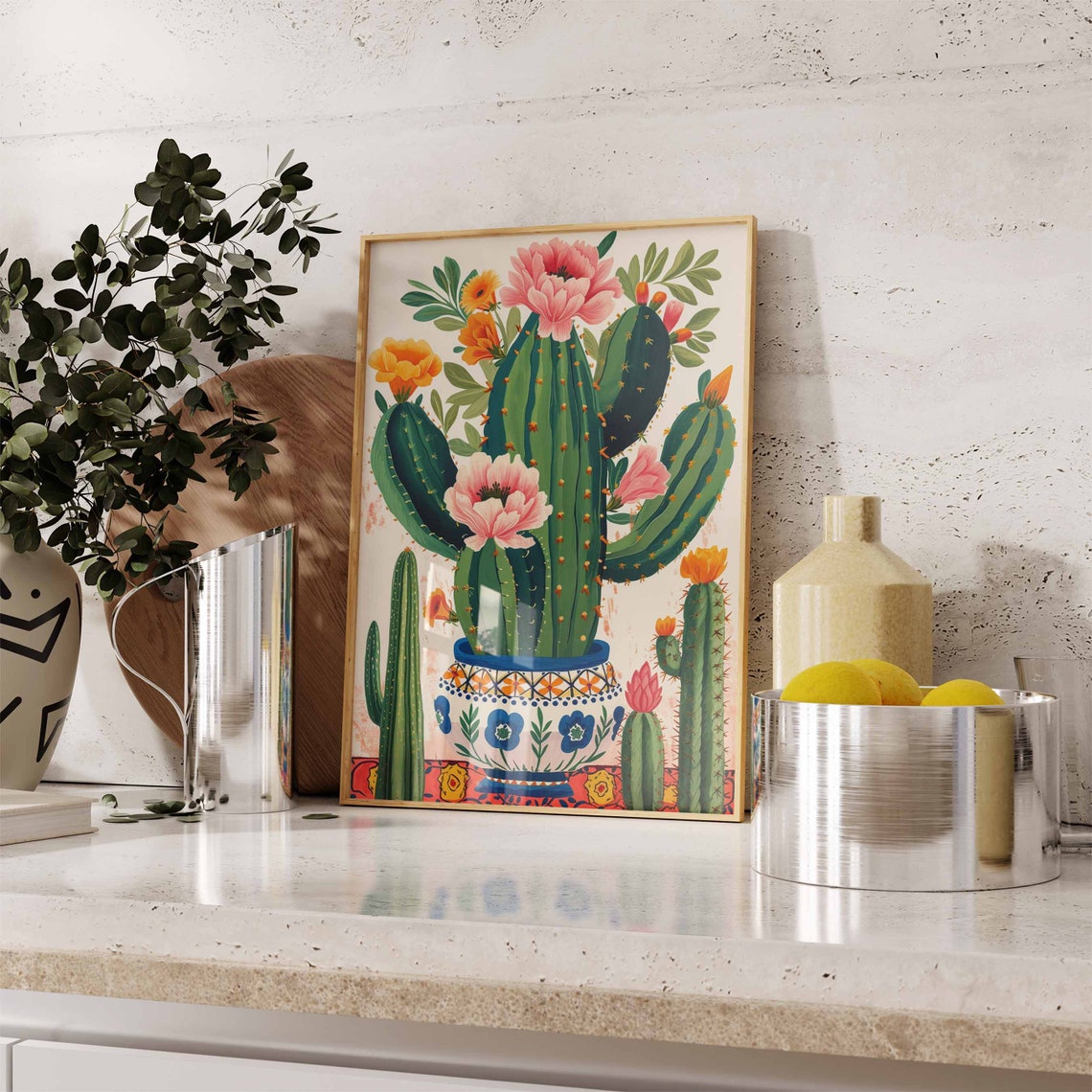 Flowering Cactus in Decorated Mexican Pot Botanical Art Poster - Image 2