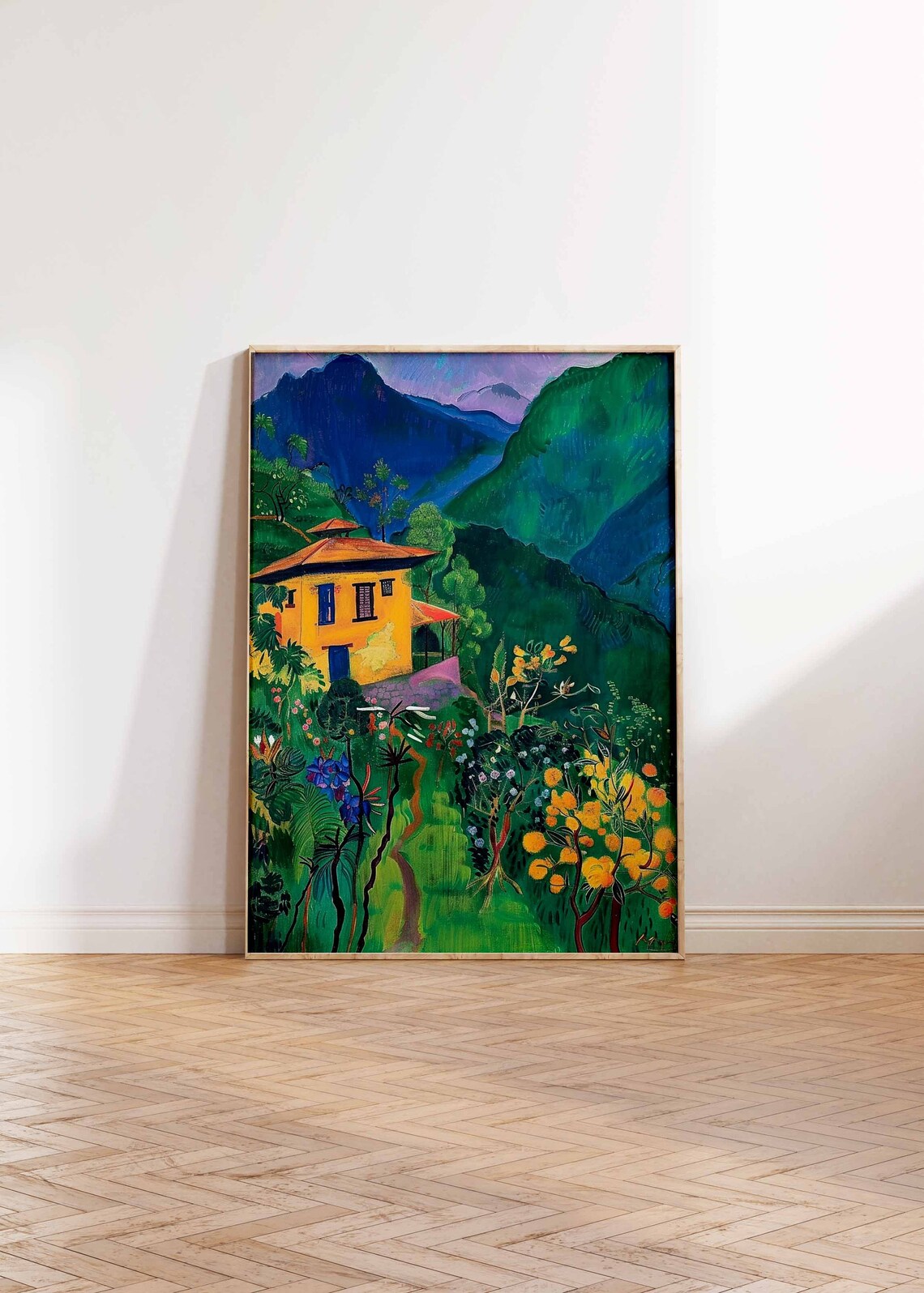 Yellow Mountain House with Flower Garden Deep Blue Peaks Art Poster - Image 2