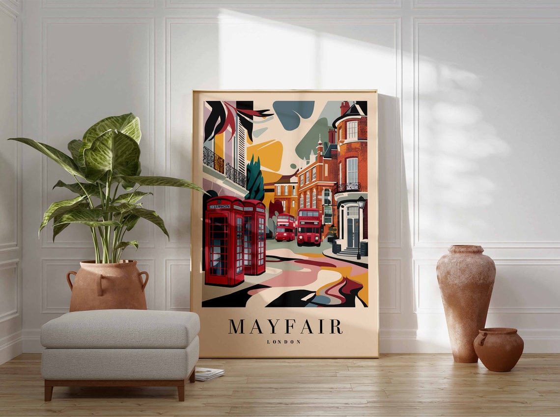 Mayfair London Red Phone Box Double Decker Bus Travel Poster - Image 3