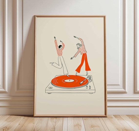 Dancing Couple Record Player Poster, Retro Music Art