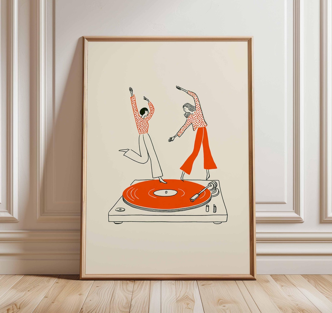 Dancing Couple Record Player Poster, Retro Music Art
