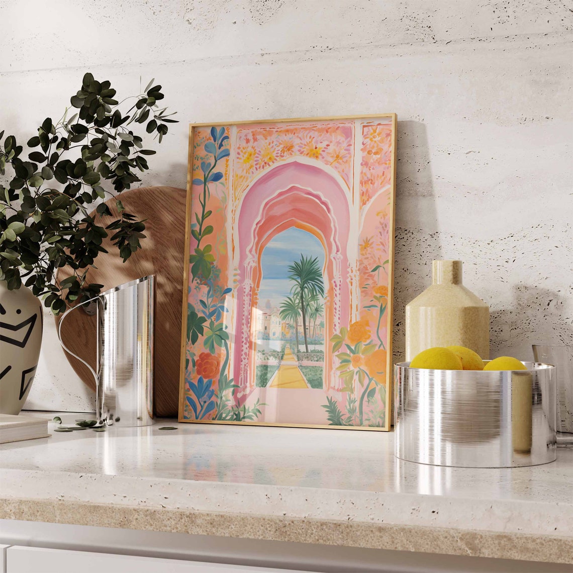 Moroccan Pink Archway Pastel Garden Palm Courtyard Art Poster - Image 3