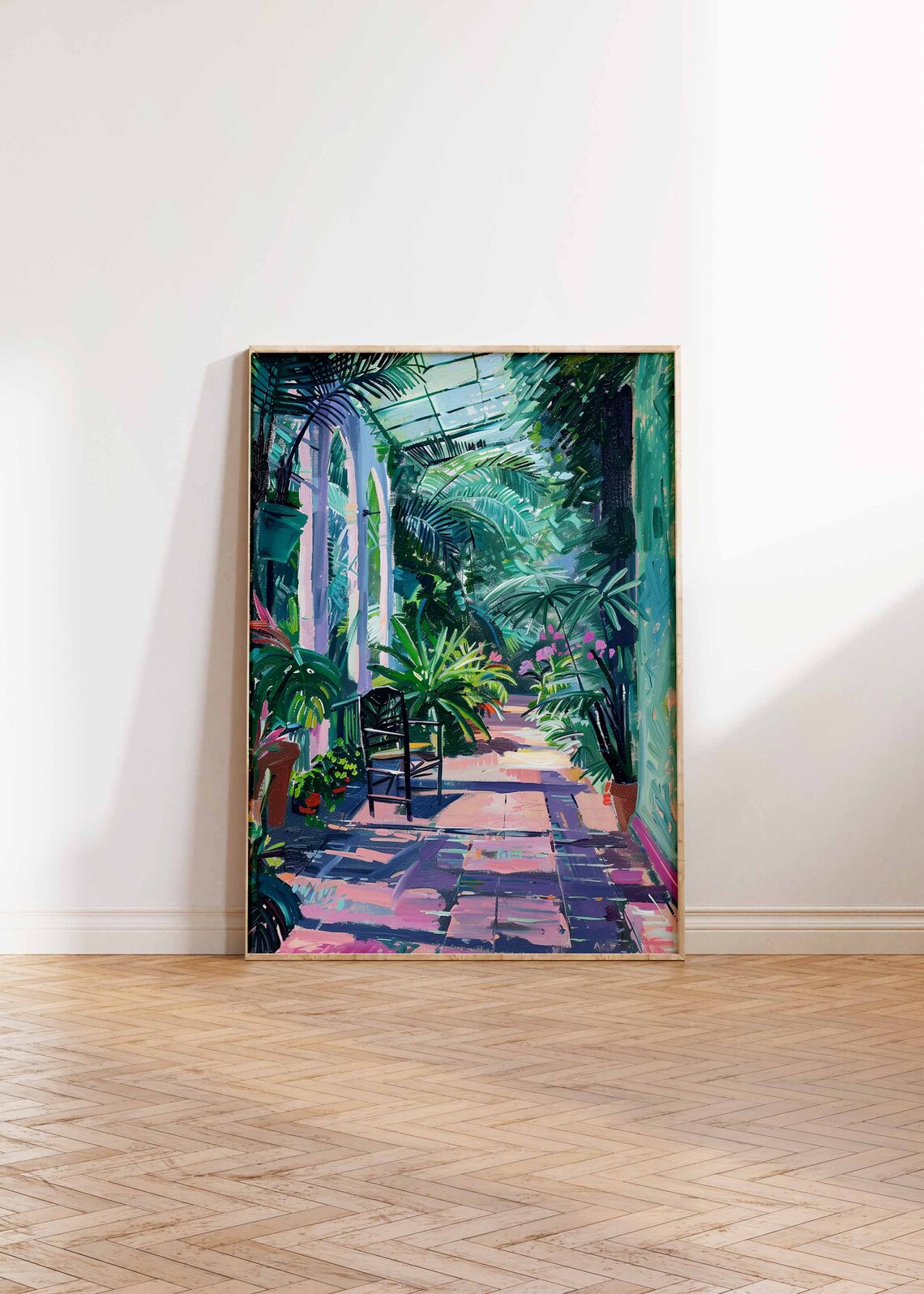 Greenhouse Corridor Potted Palms Wicker Chair Painting Poster - Image 3