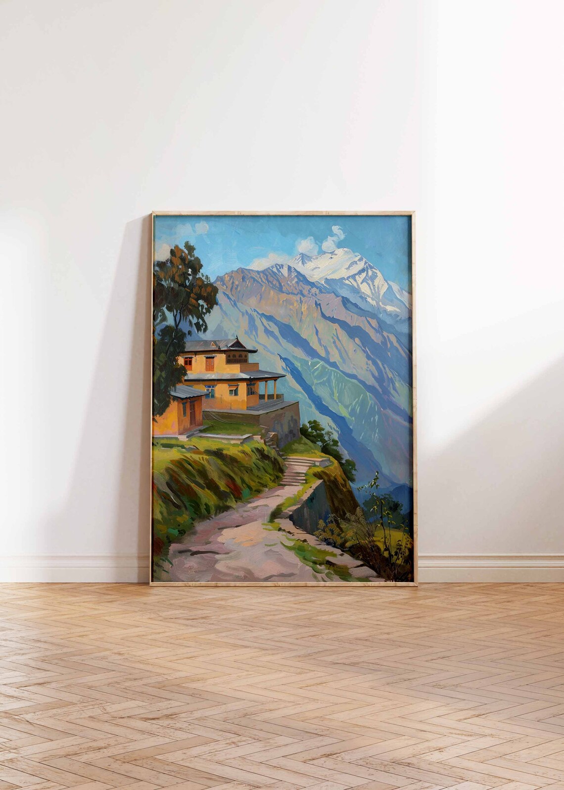 Mountain House on Hillside Path Snow Capped Peaks Painting Poster - Image 2