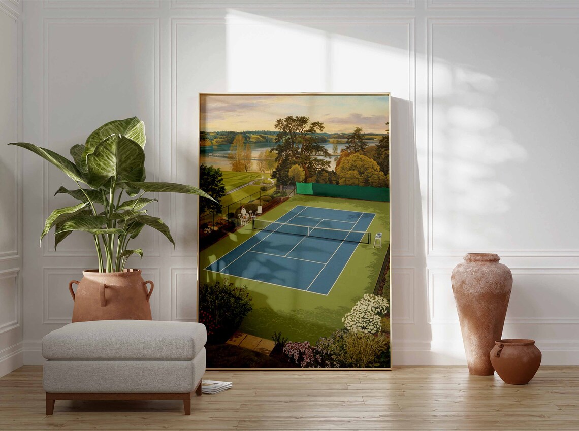 Classic Tennis Court Lakeside Sunset Match Scene Vintage Poster - Image 2