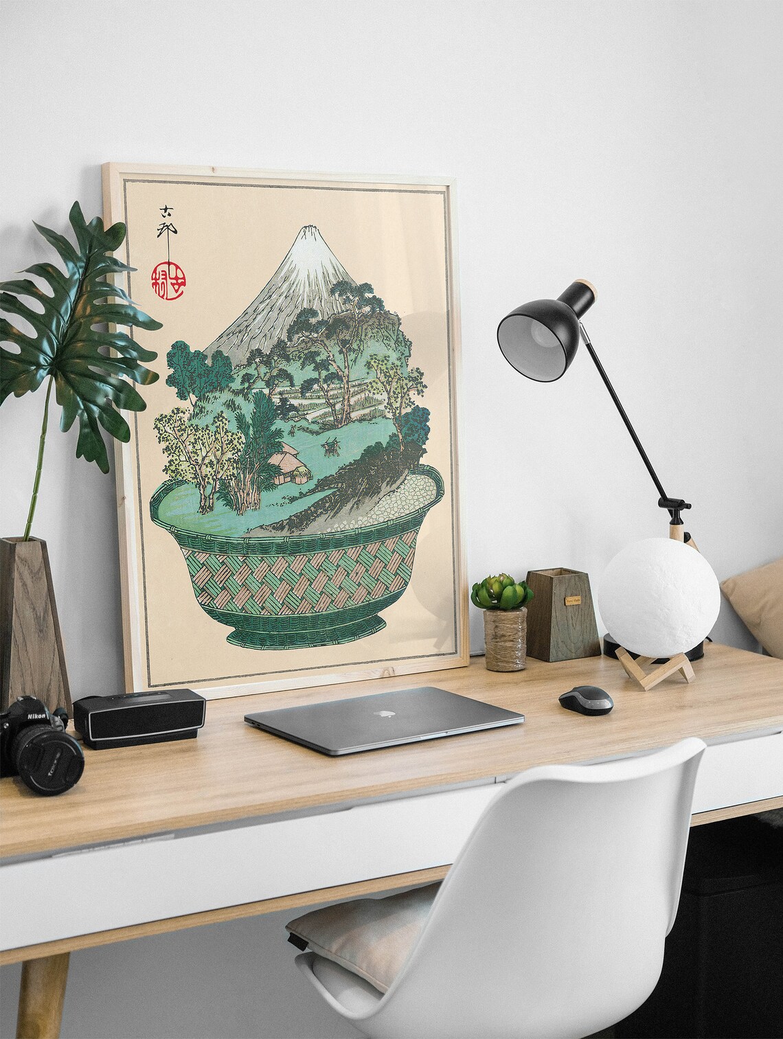 Japanese Woodblock Style Mt Fuji Landscape in a Basket Poster - Image 2