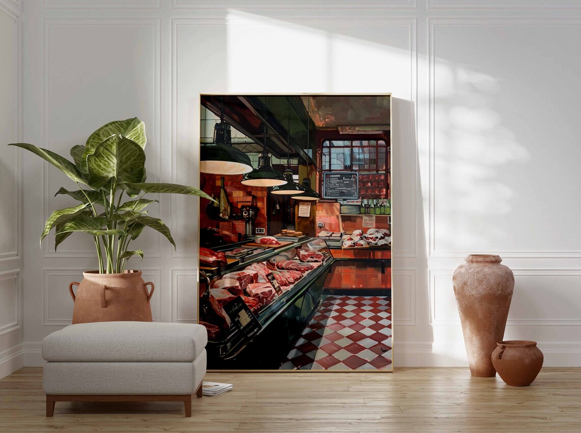 Old Fashioned Butcher Shop Meat Counter Checkered Floor Art Print - Image 3