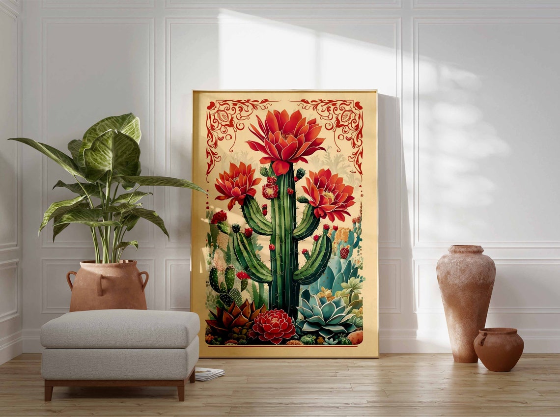 Red Blooming Cactus Vintage Mexican Botanical Scroll Art Poster - Image 2