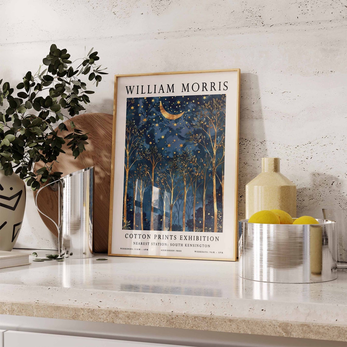 William Morris Golden Moonlit Forest Starry Night Exhibition Poster - Image 2