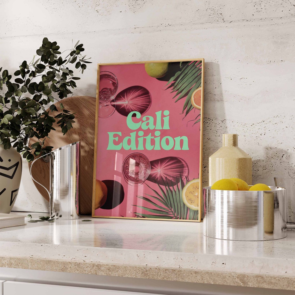 Cali Edition Retro Pink Cocktail Summer Citrus Palm Leaf Poster - Image 3