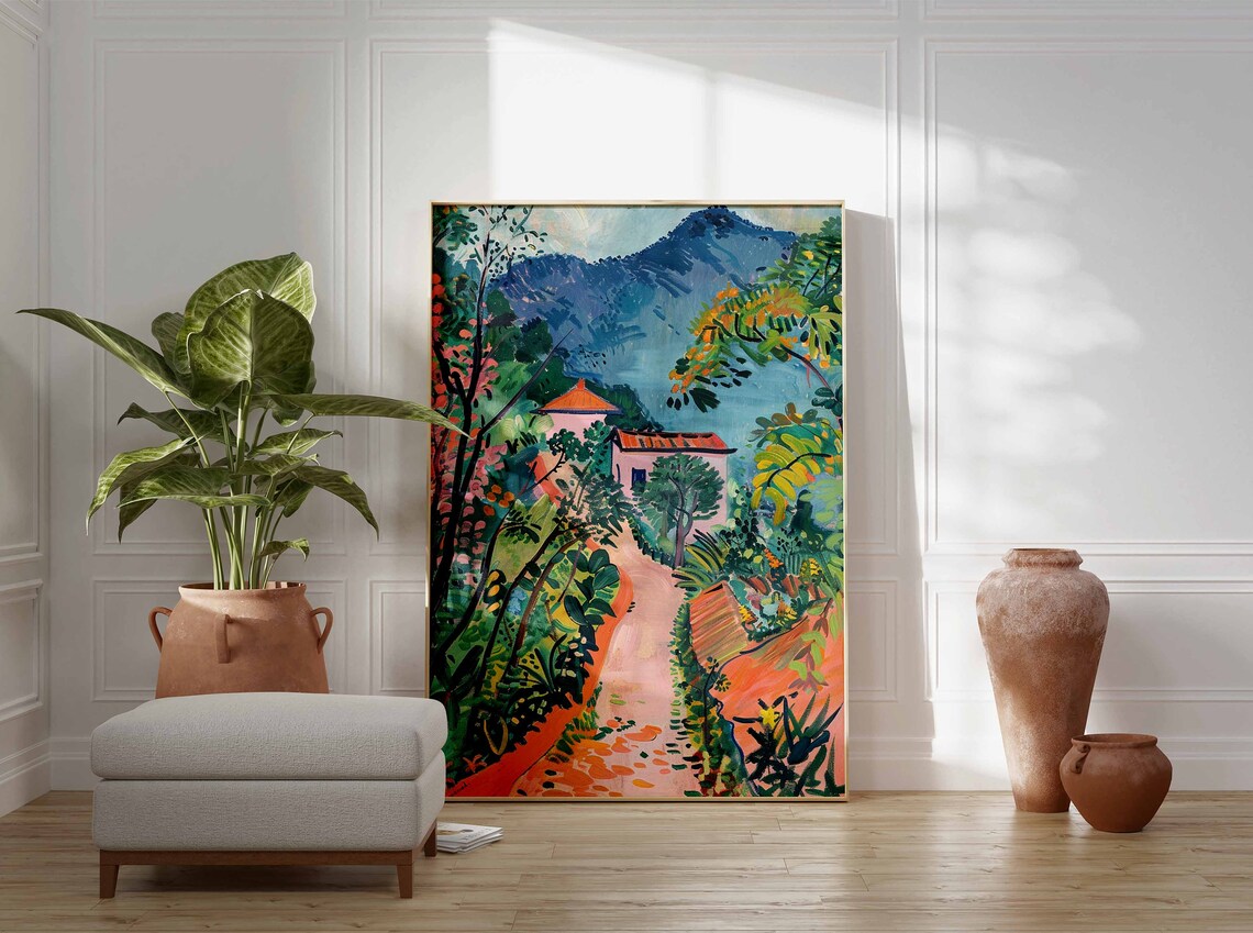 Colorful Path to Mountain Houses Flowering Hills Fauvist Art Poster - Image 3