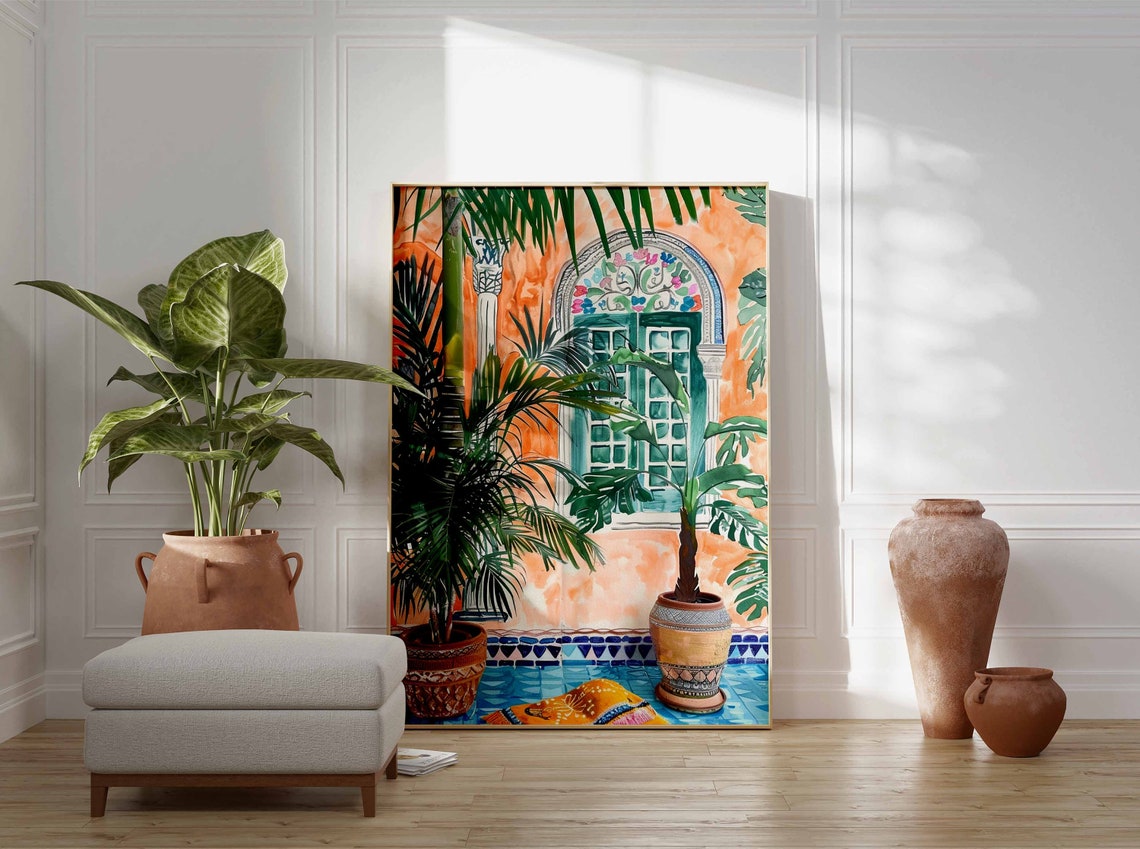 Moroccan Arched Doorway Floral Arch Potted Palms Blue Tile Wall Print - Image 2