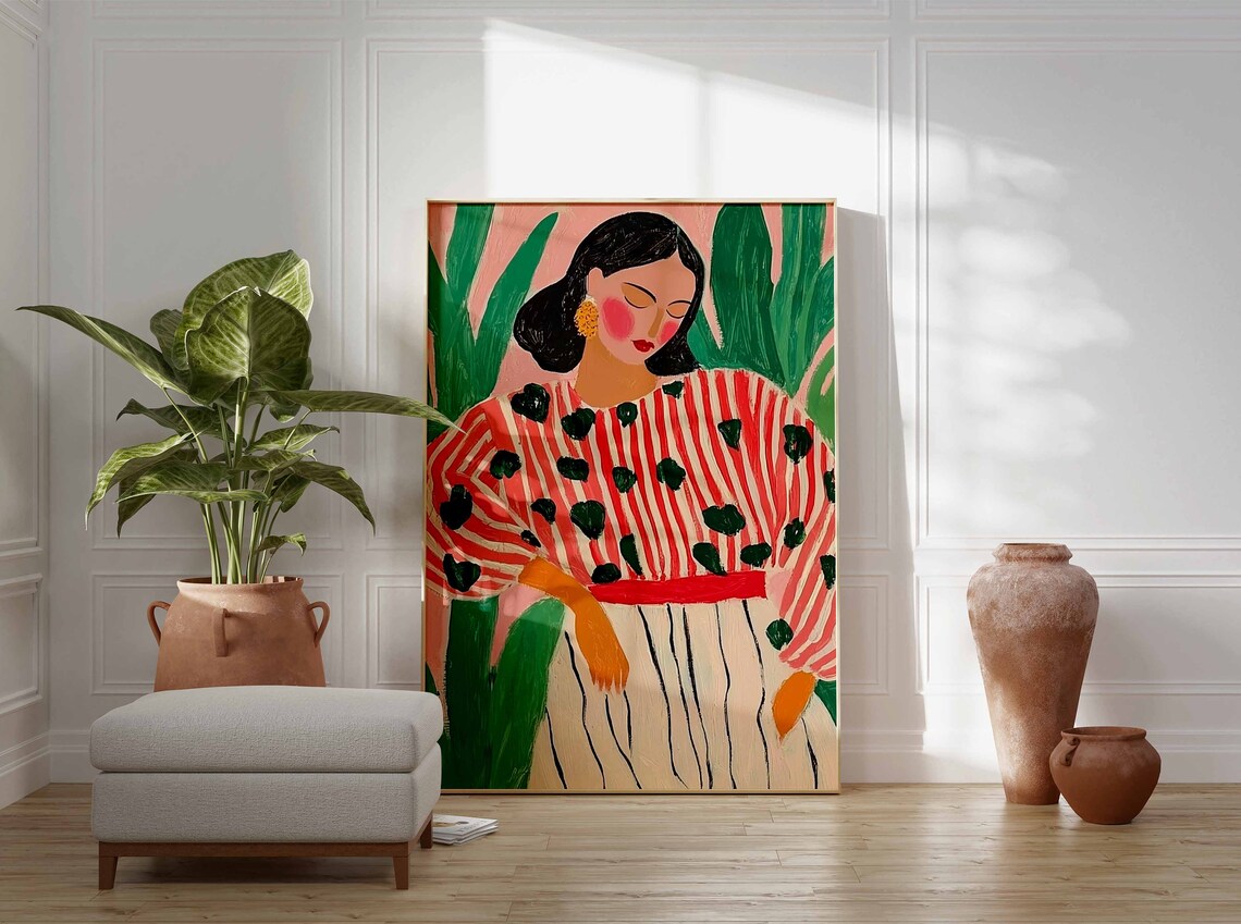 Woman in Red Striped Blouse Green Polka Dots Portrait Art Poster - Image 2