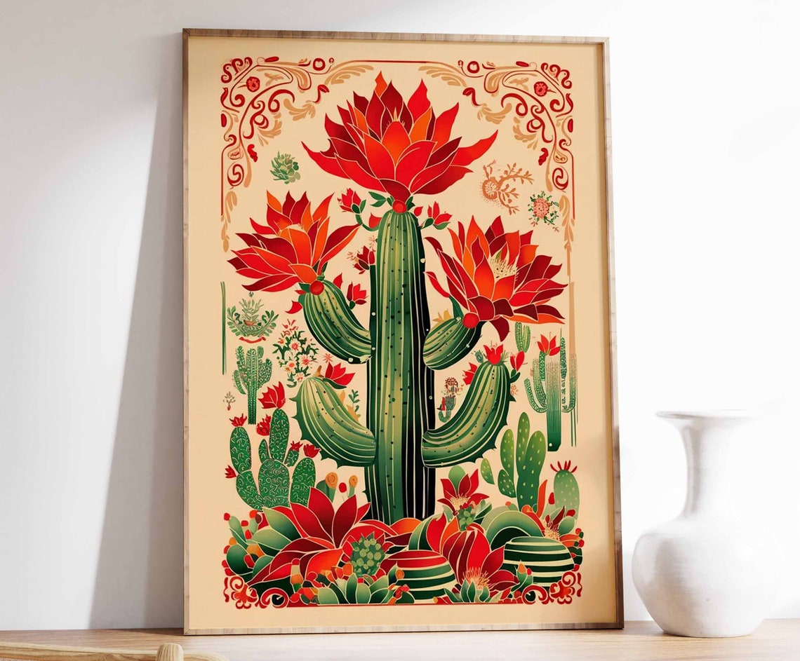Flowering Saguaro Cactus Ornate Corners Vintage Mexican Art Poster