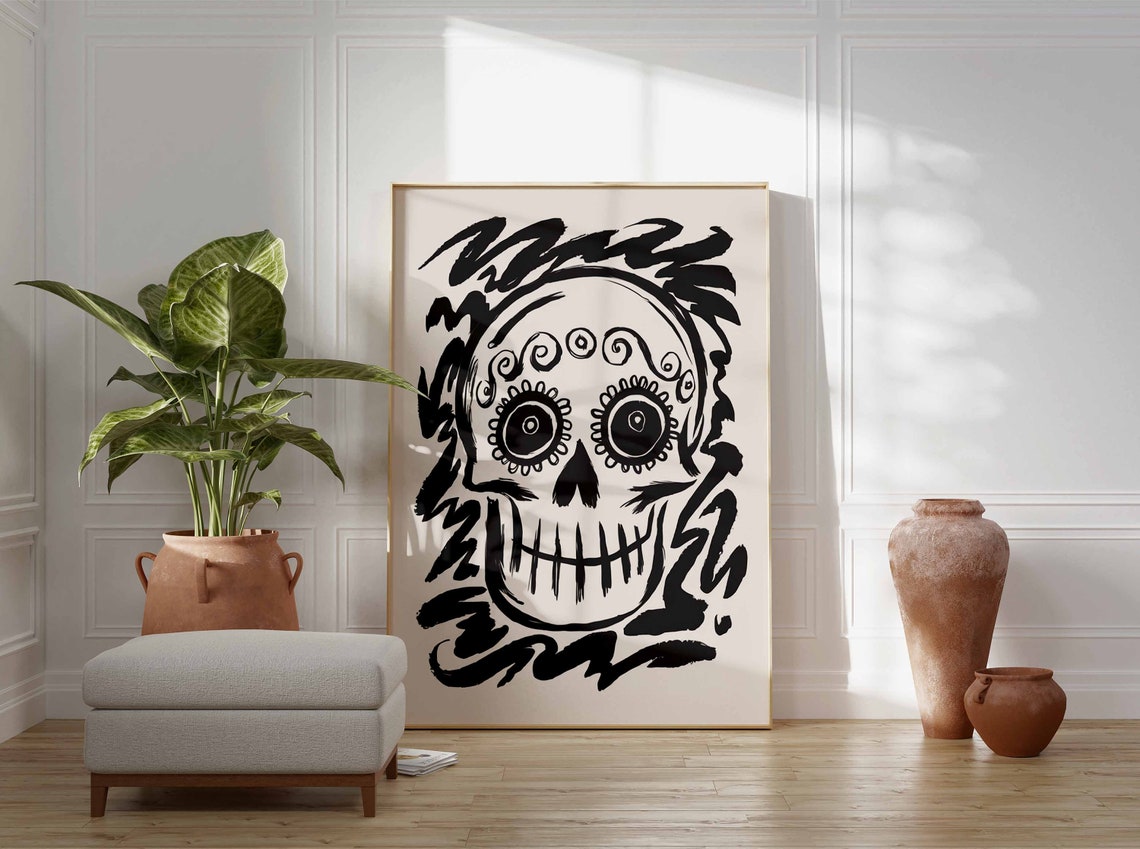 Sugar Skull In Profile With Bold Black Brushstroke Art Poster - Image 2