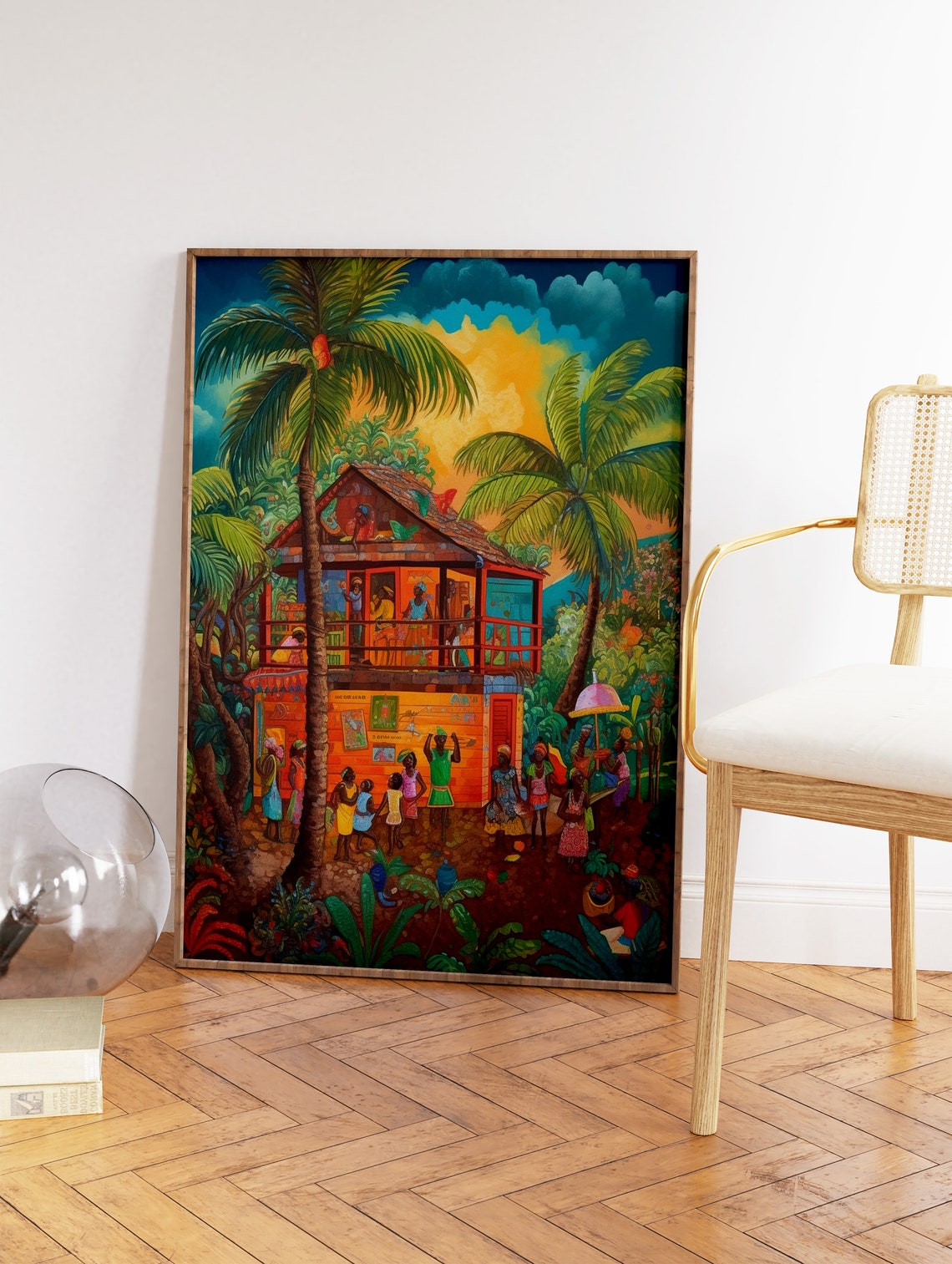 Caribbean Village Palm Trees Colorful Folk Art Island Life Poster - Image 2
