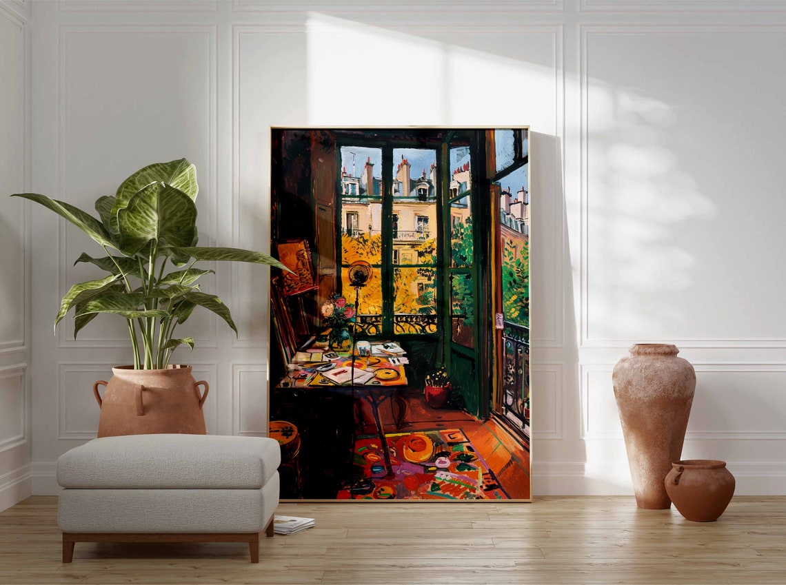 Sunlit Parisian Apartment with French Windows Rooftop View Poster - Image 3