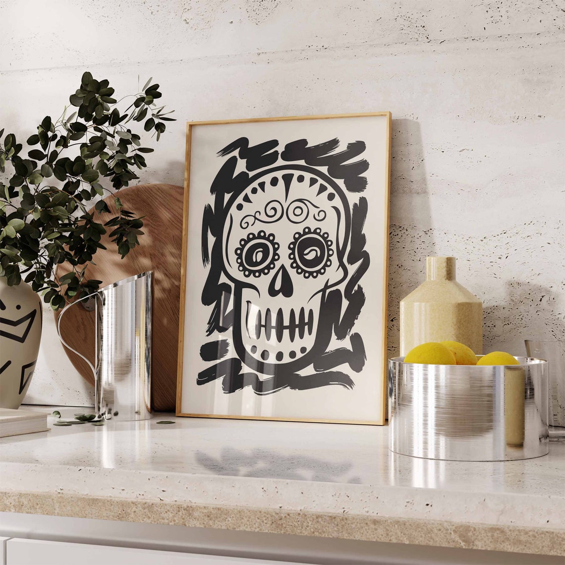 Black Sugar Skull Bold Brushstroke Dia De Los Muertos Poster - Image 3