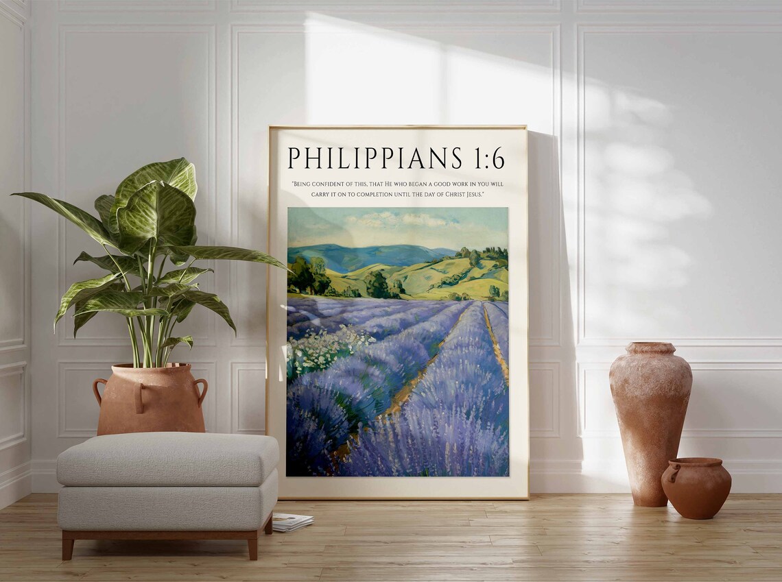 Philippians 1:6 Bible Verse Lavender Field Monet Style Christian Art Poster - Image 2