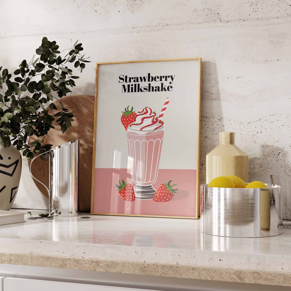 Strawberry Milkshake Classic Serif Cream Retro Kitchen Poster - Image 3
