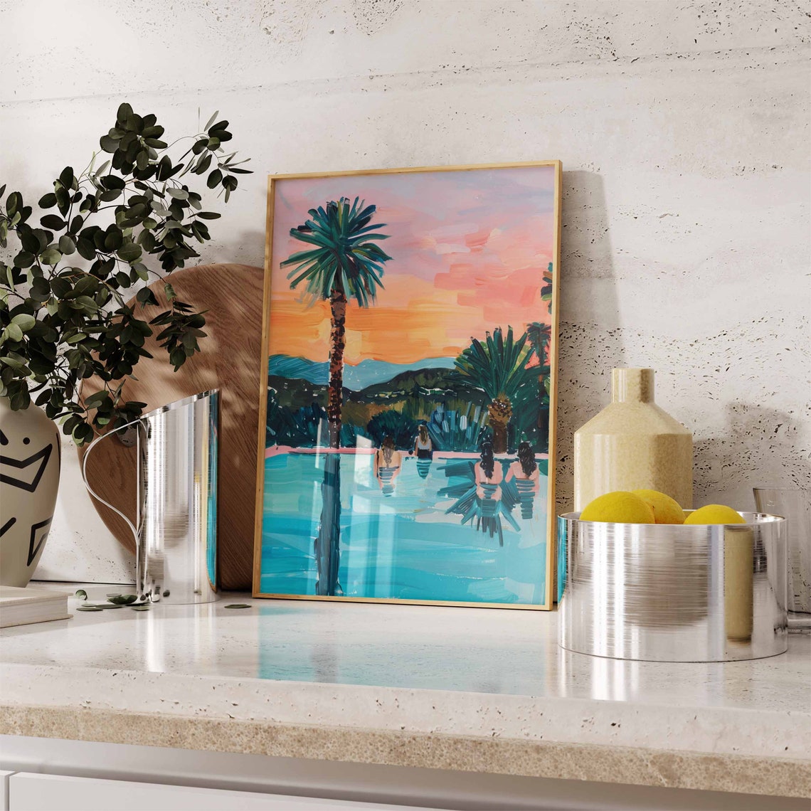 Vibrant Tropical Palm Pool Sunset With Swimmers Scene Art Poster - Image 2
