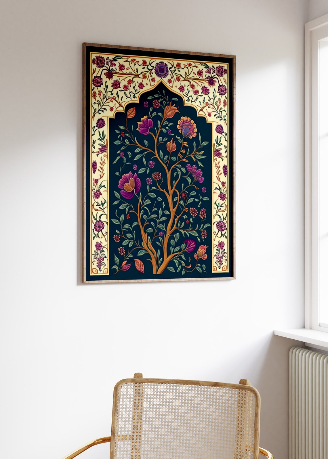 Indian Floral Arch Print with Tree on Dark Blue Vintage Style - Image 3