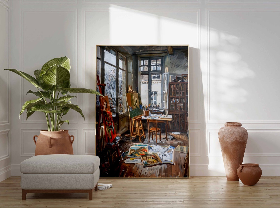 Artist Loft Studio with Easels by Tall Windows Sunlit Poster - Image 3