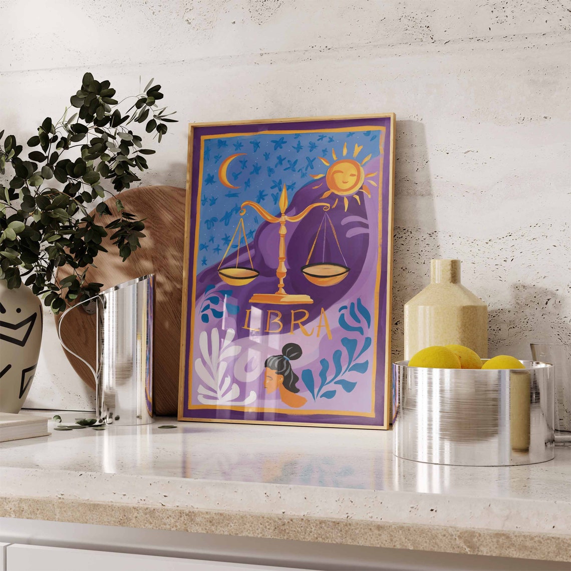 Libra Zodiac Gold Scales Purple Sky Moon Sun Woman Art Poster - Image 3