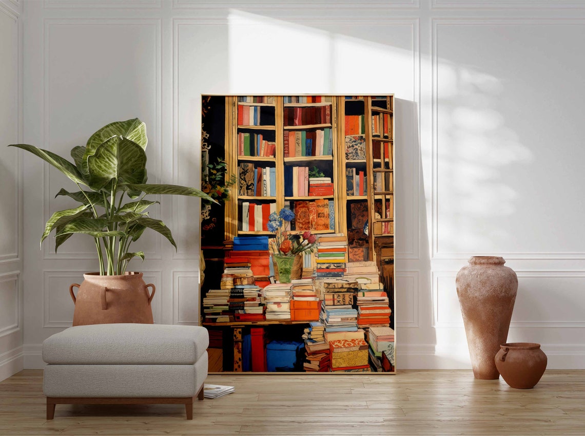 Vintage Library Tall Bookshelves Stacked Books Reading Poster - Image 2